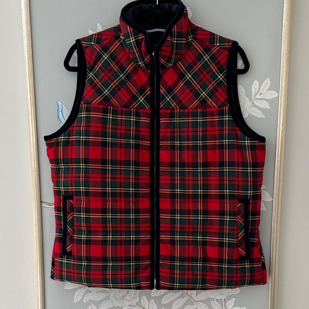 J. Crew Tartan Plaid Mountain Puffer Vest Velvet Trim
